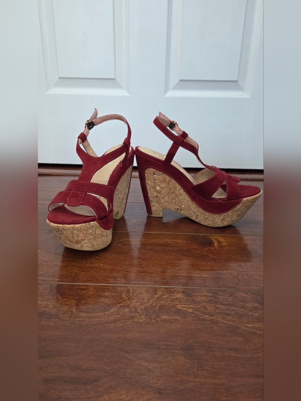 ANDREA Red Microsuede Cork Platform Wedge Sandals with Ankle Straps Size 7 - Picture 8 of 10